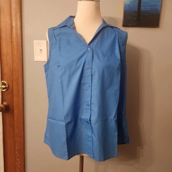 White Stag Shirt Womens Large Blue Button Up Sleeveless Classic Collared Top - Picture 1 of 10